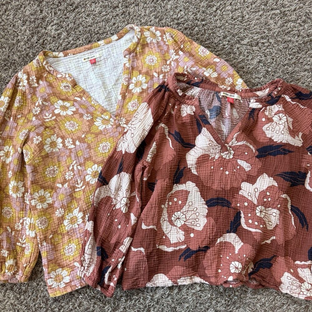 TWO Marine Layer L Jamie Banded Collar Top Floral Gauzy Blouse 3/4 Sleeve Cotton